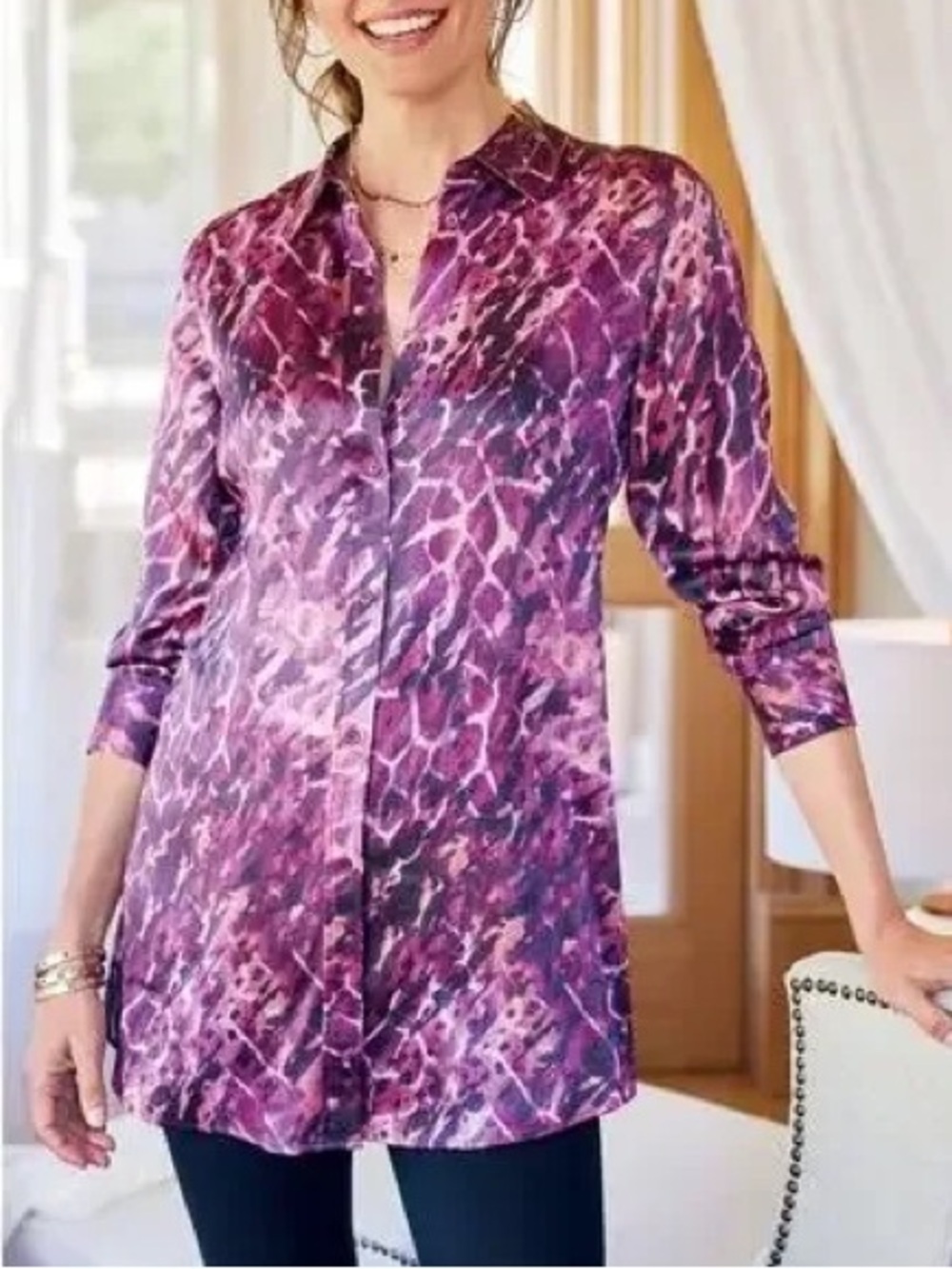 Soft Surroundings Silk Abstract Animal Print Tunic Blouse‎ Button Up Purple M